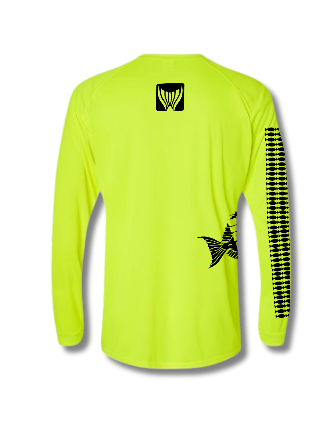 Neon yellow long-sleeve shirt with black graphics on a white background
