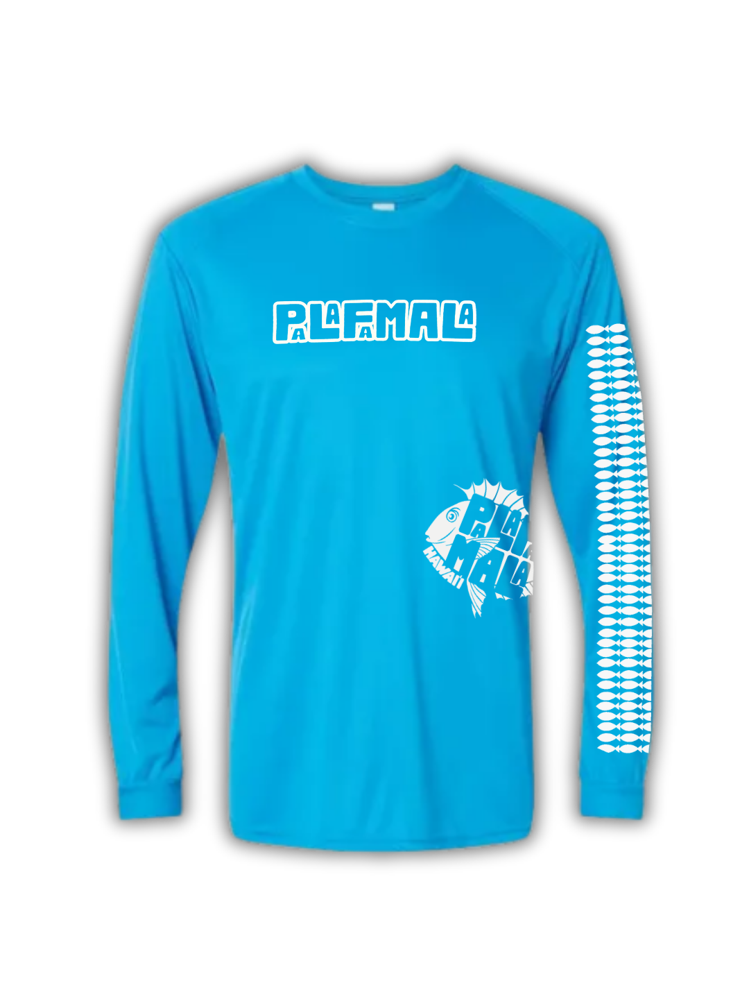 Blue long-sleeve jersey shirt with Palafamala on a white background