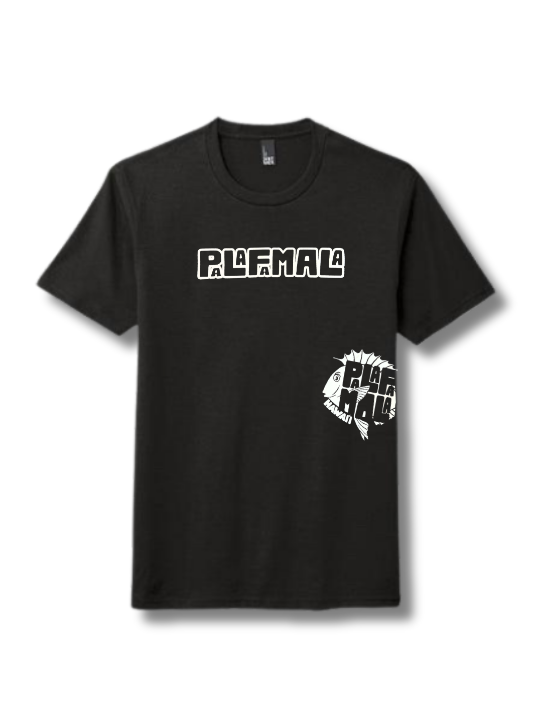 Black t-shirt with PALAFAMALA text and graphics on a white background