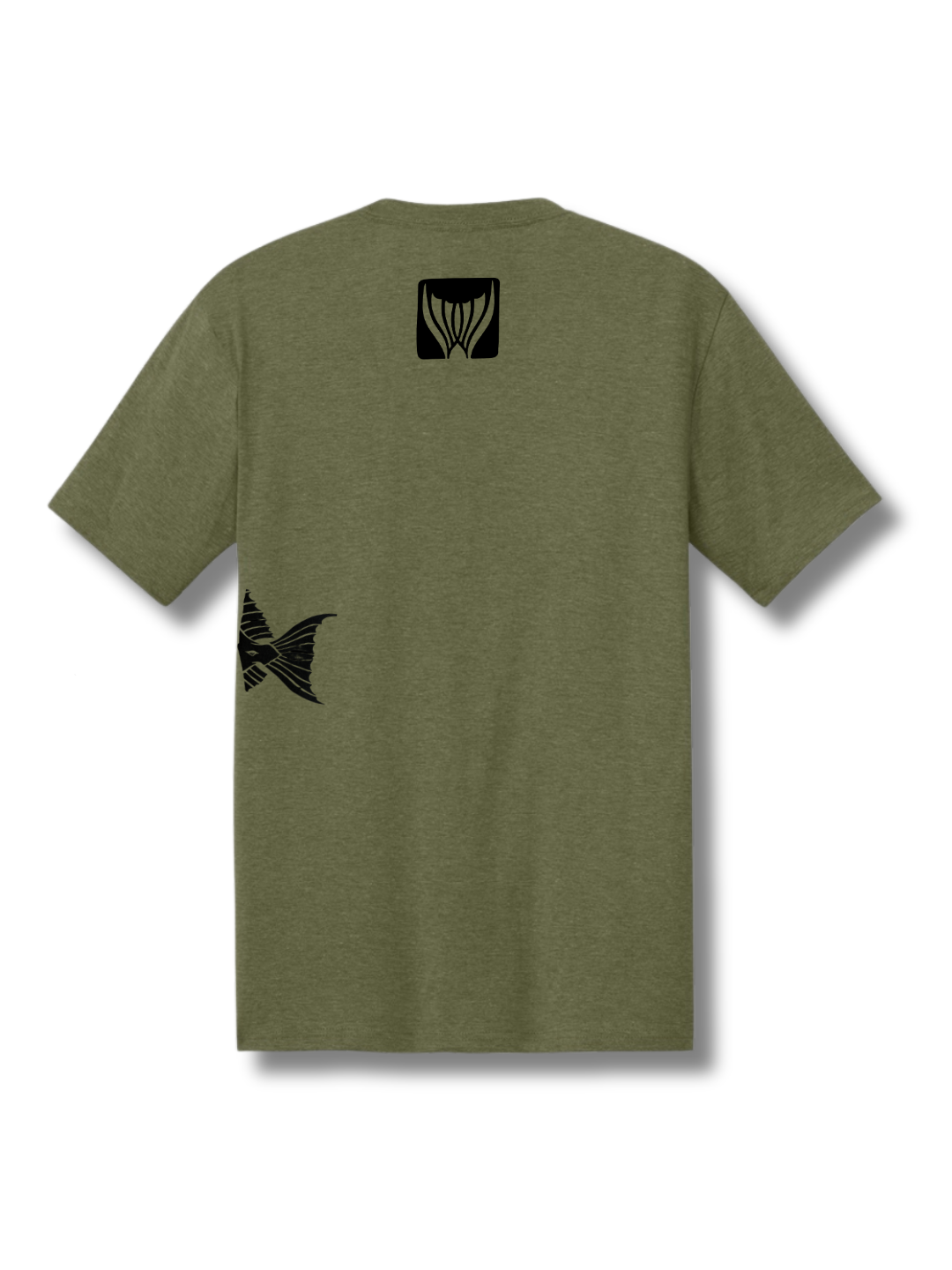 Military Green t-shirt with black graphics on a white background