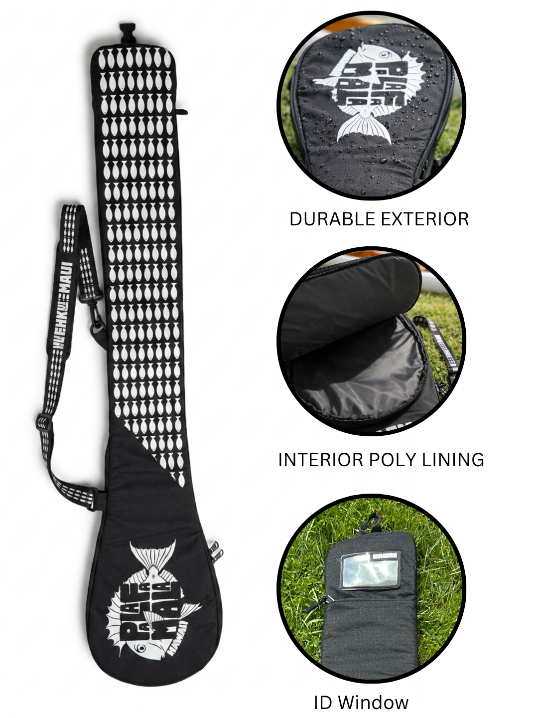 Black fishing bag with durable water resistant exterior, interior poly lining, and ID window feature details.