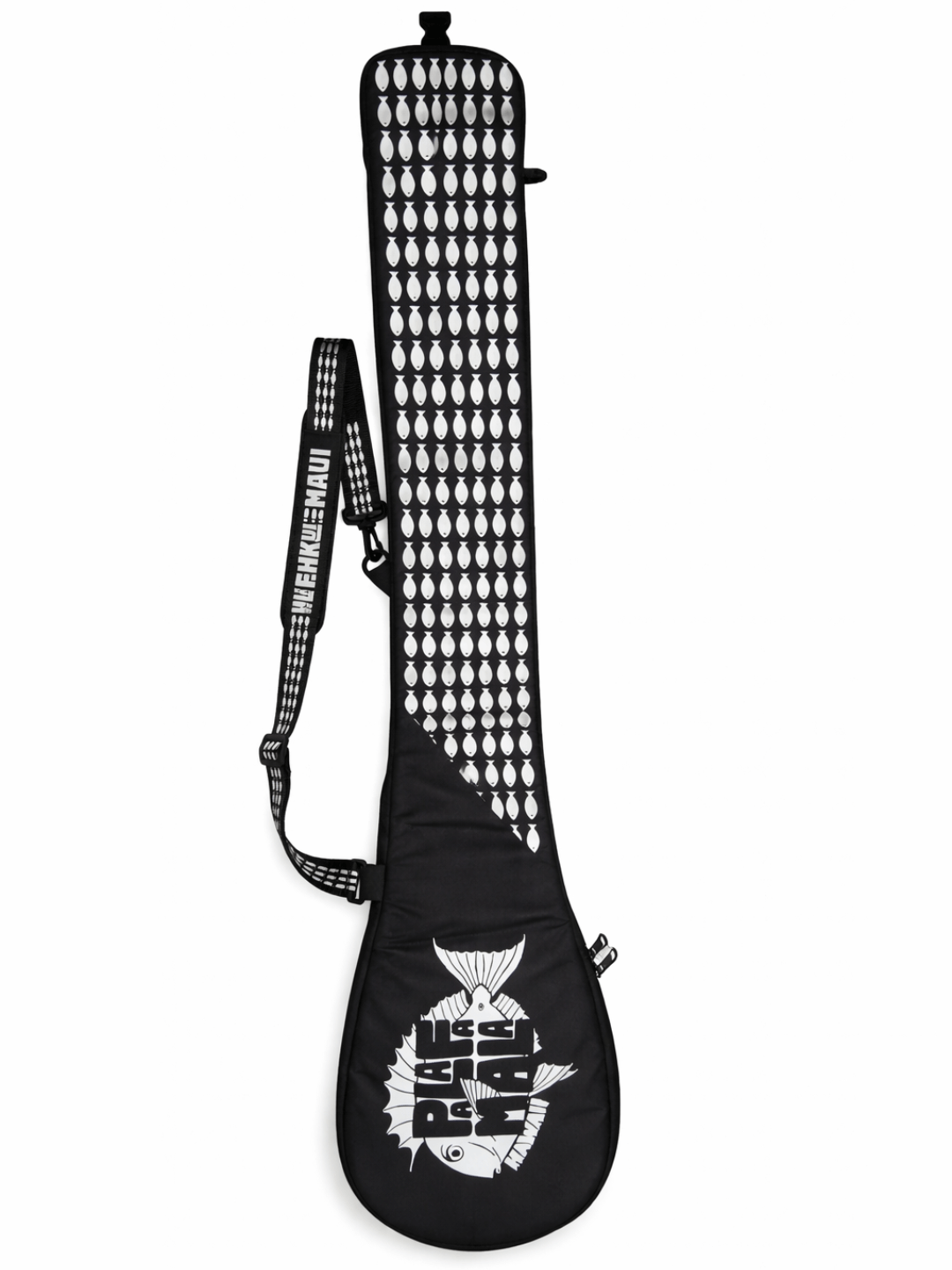 Black Single Paddle Bag with white pattern on a white background