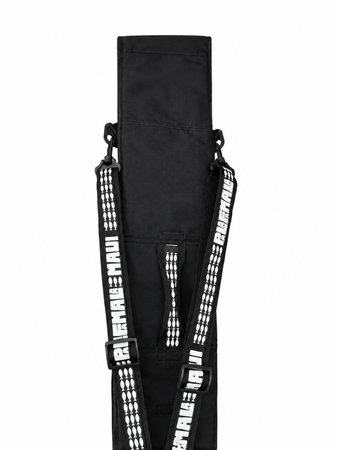 Black paddle bag with white branding on a white background