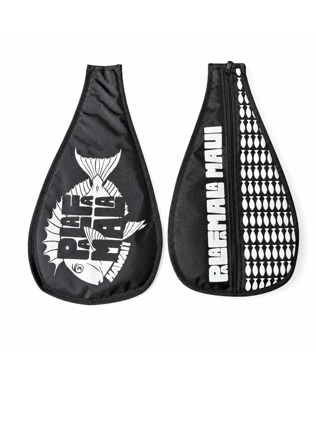 Two black paddle bags with white graphics and text on a white background