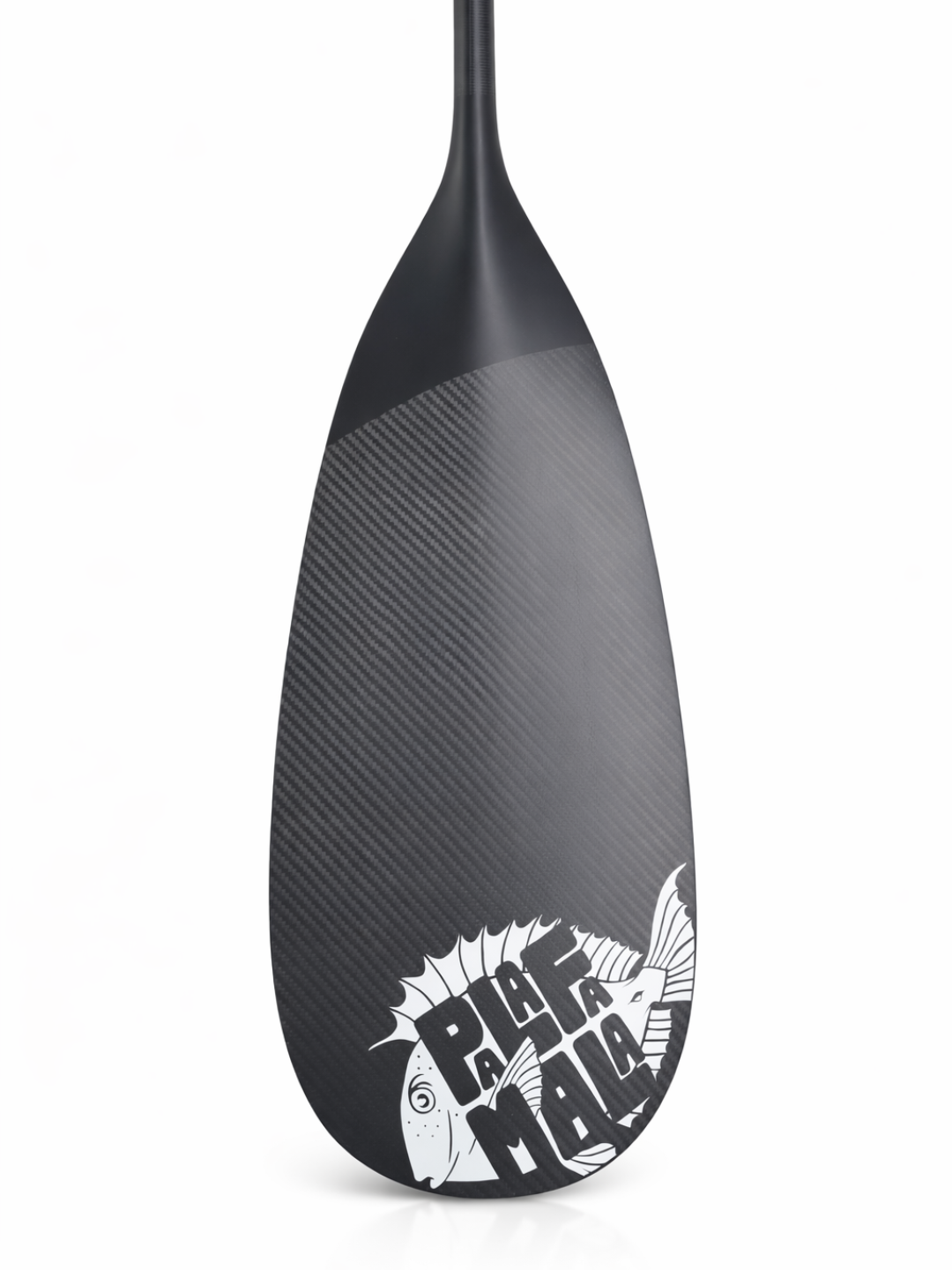 Black pala steer paddle with a fish logo on a white background