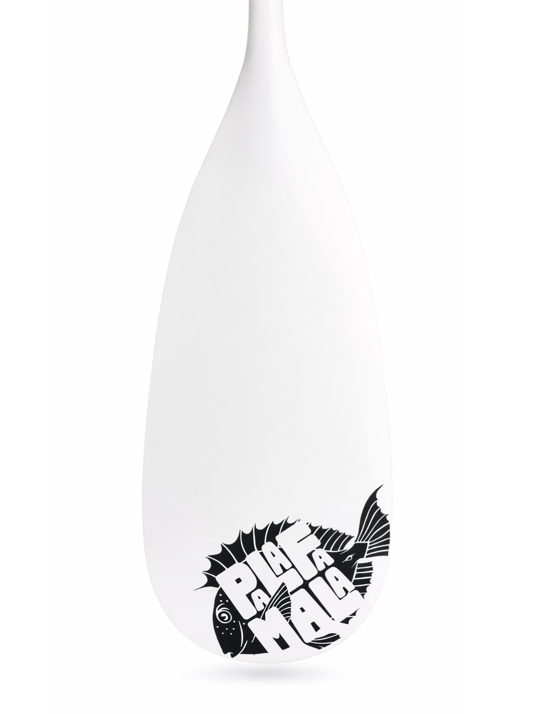 White paddle with black fish design on a white background