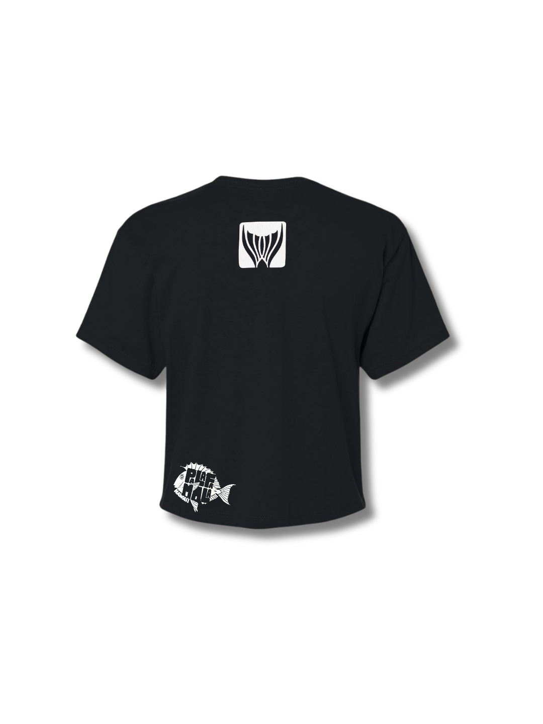 Back logo of a black crop top shirt with white logo graphics on a white background