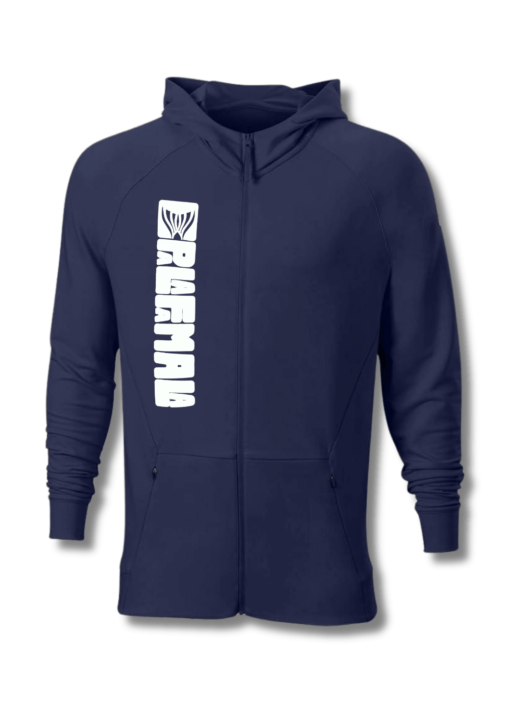 Navy blue hoodie with a white logo on a white background