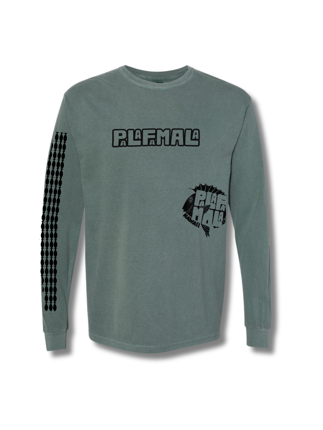 Sage Green long-sleeve shirt with black graphics and text on a white background