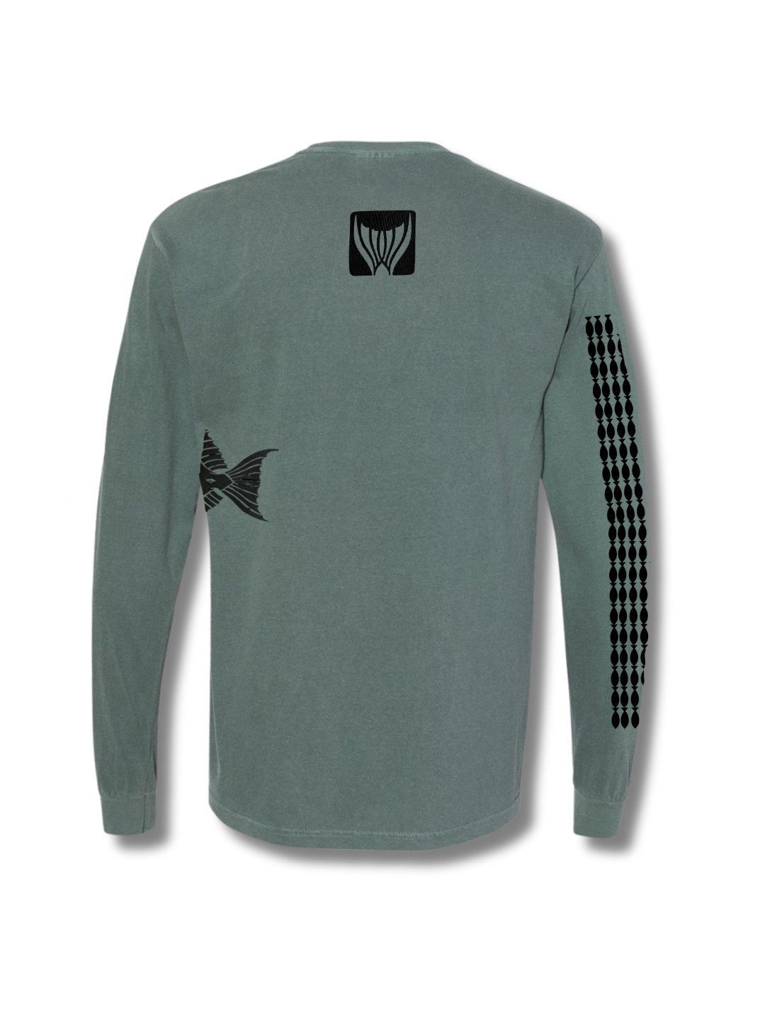Sage green long-sleeve shirt with black graphics on a white background