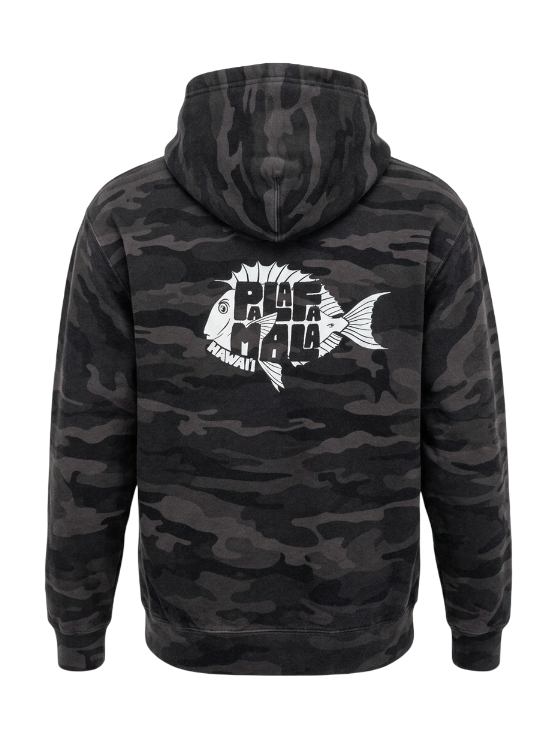 Black camouflage hoodie with a fish logo on the back against a white background