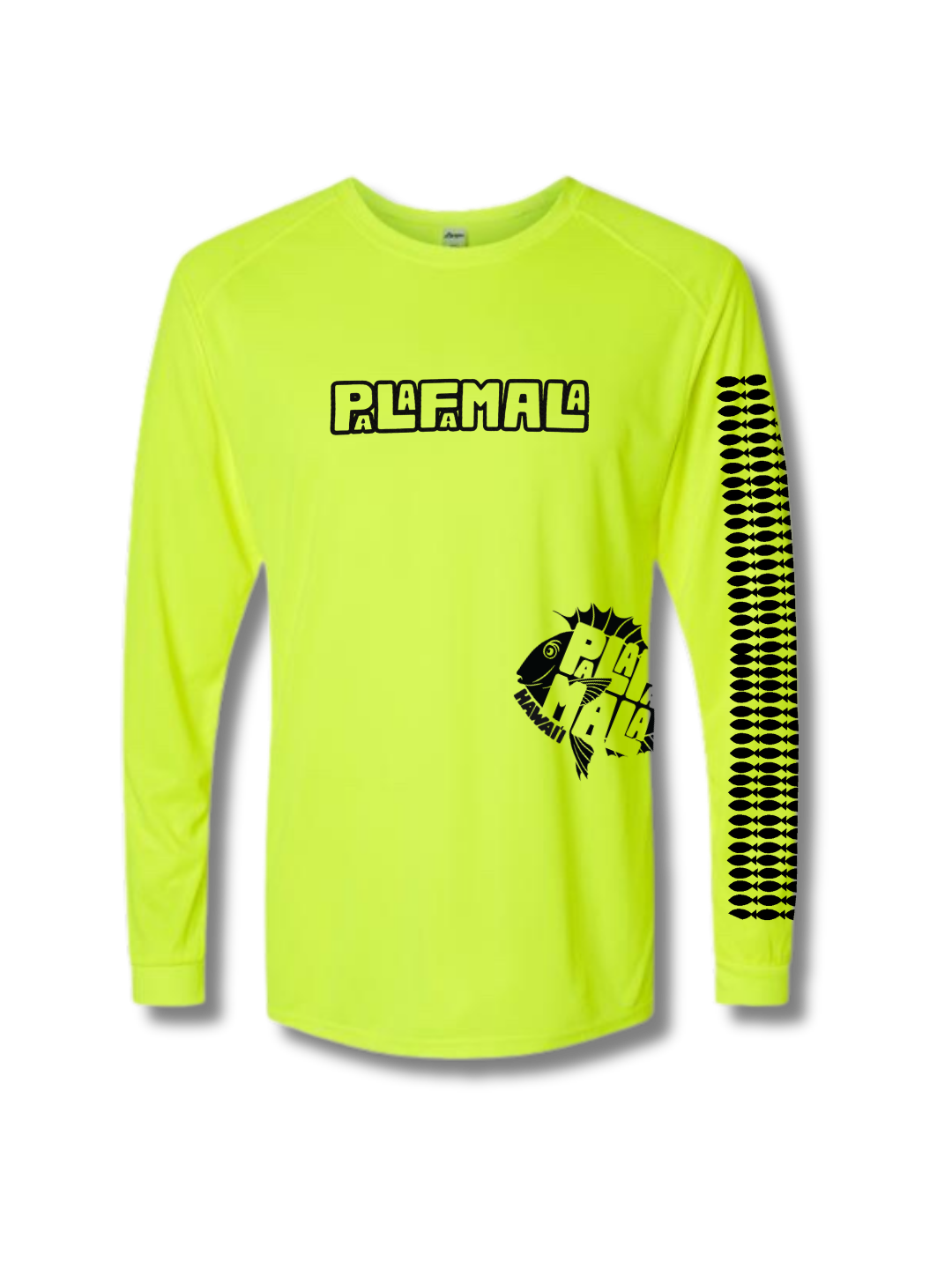 Bright yellow long-sleeve shirt with black graphics and text on a white background