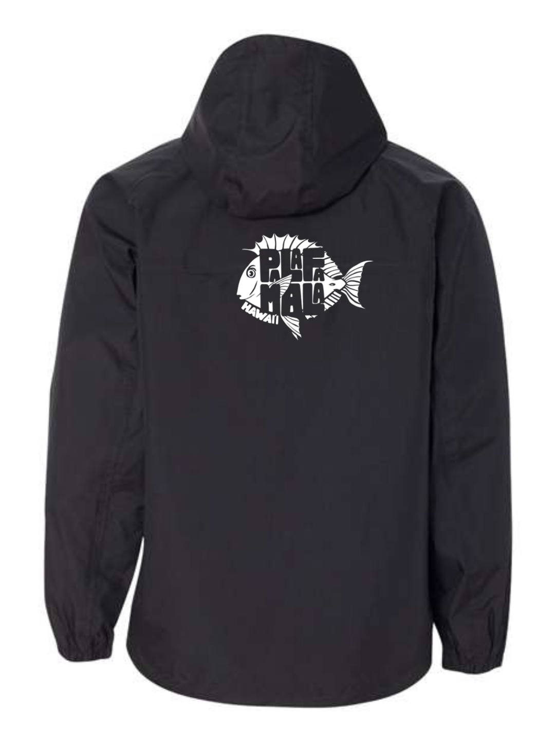 Black jacket with a fish logo and text on the back against a white background