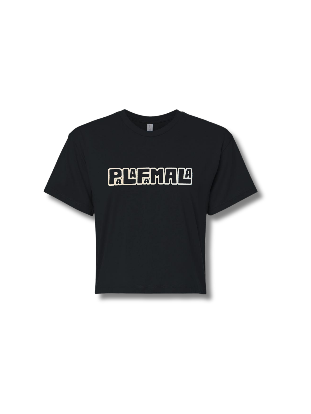 Black t-shirt with white text on a white background