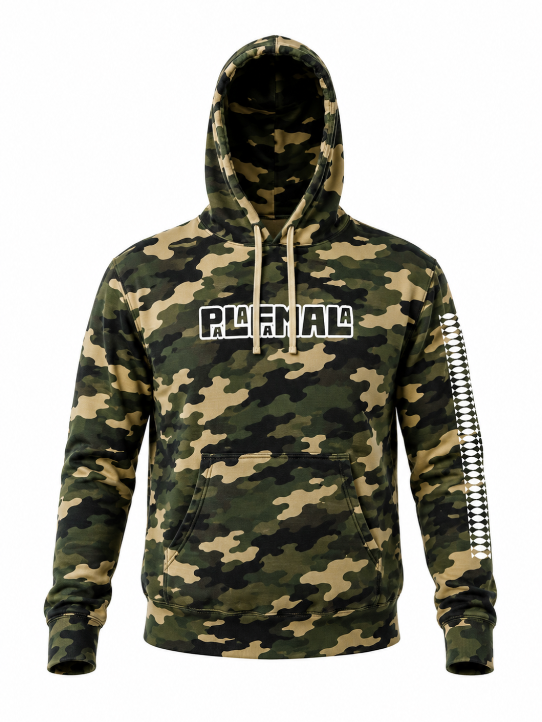 Camouflage hoodie with 'Palafamala' logo on a white background