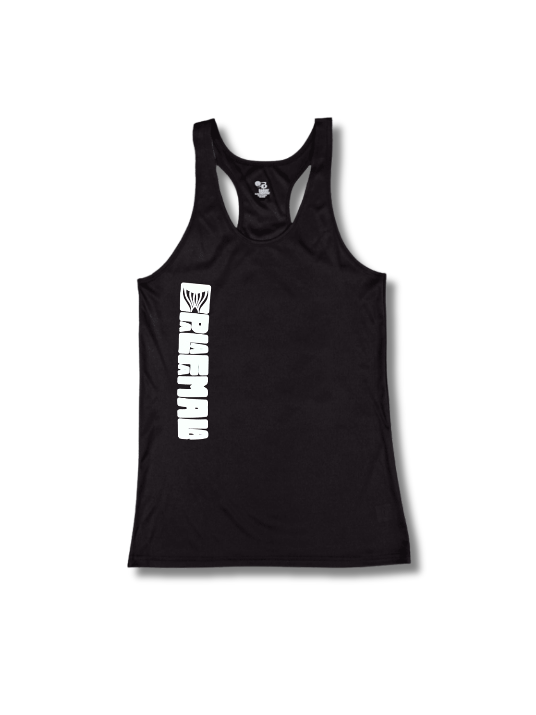 Black tank top with white text on a white background