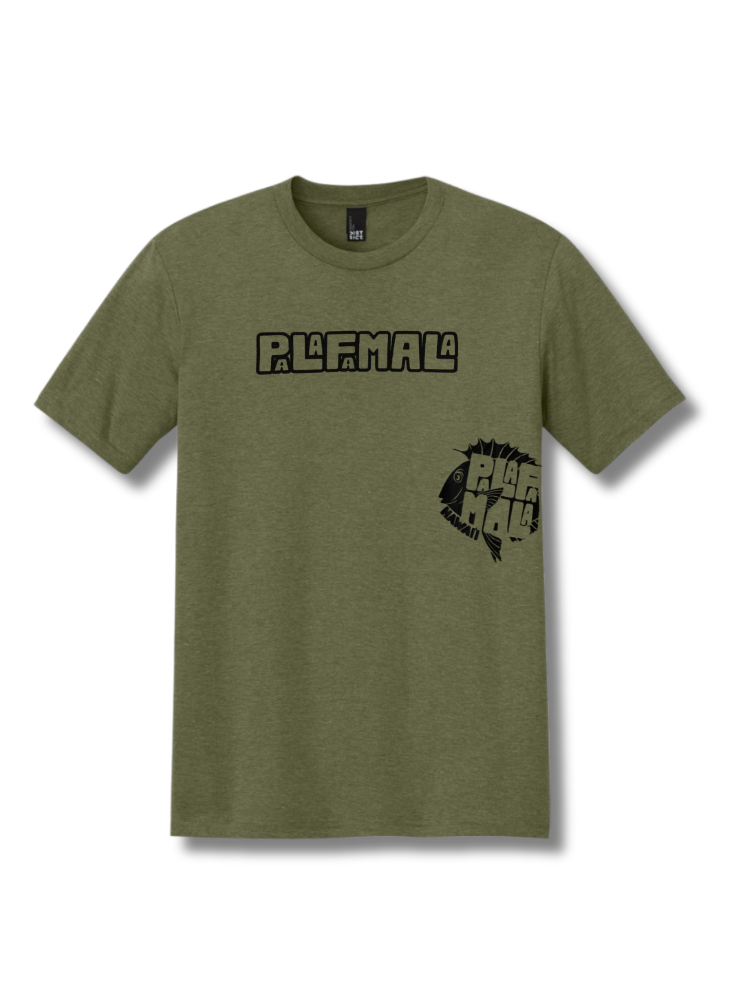 Green t-shirt with PALAFAMALA text and graphics on a white background
