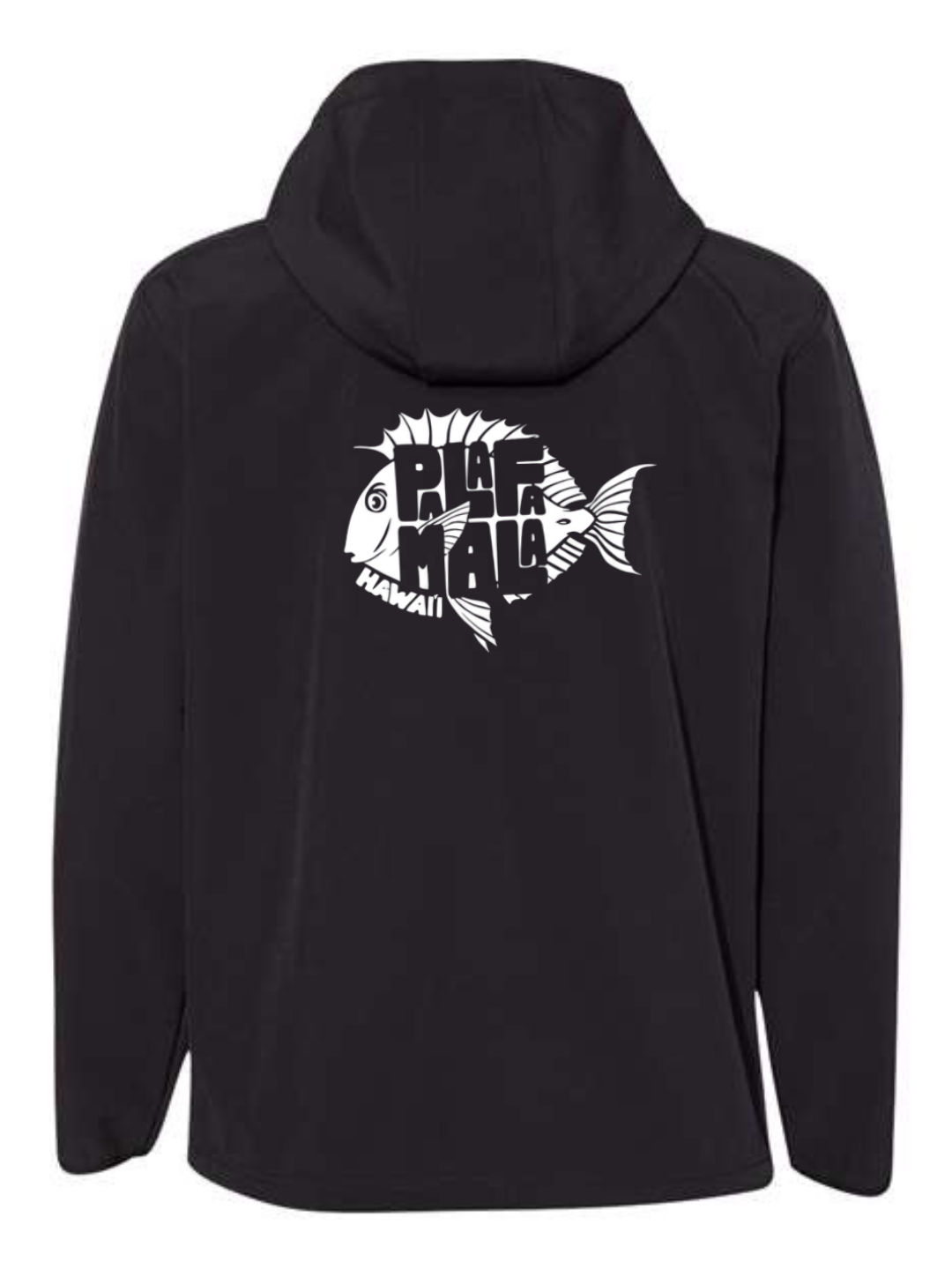Black hoodie with a white graphic design on the back against a white background