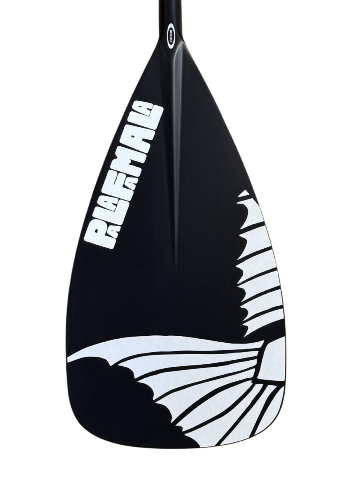 Black and white paddle with branding on a white background