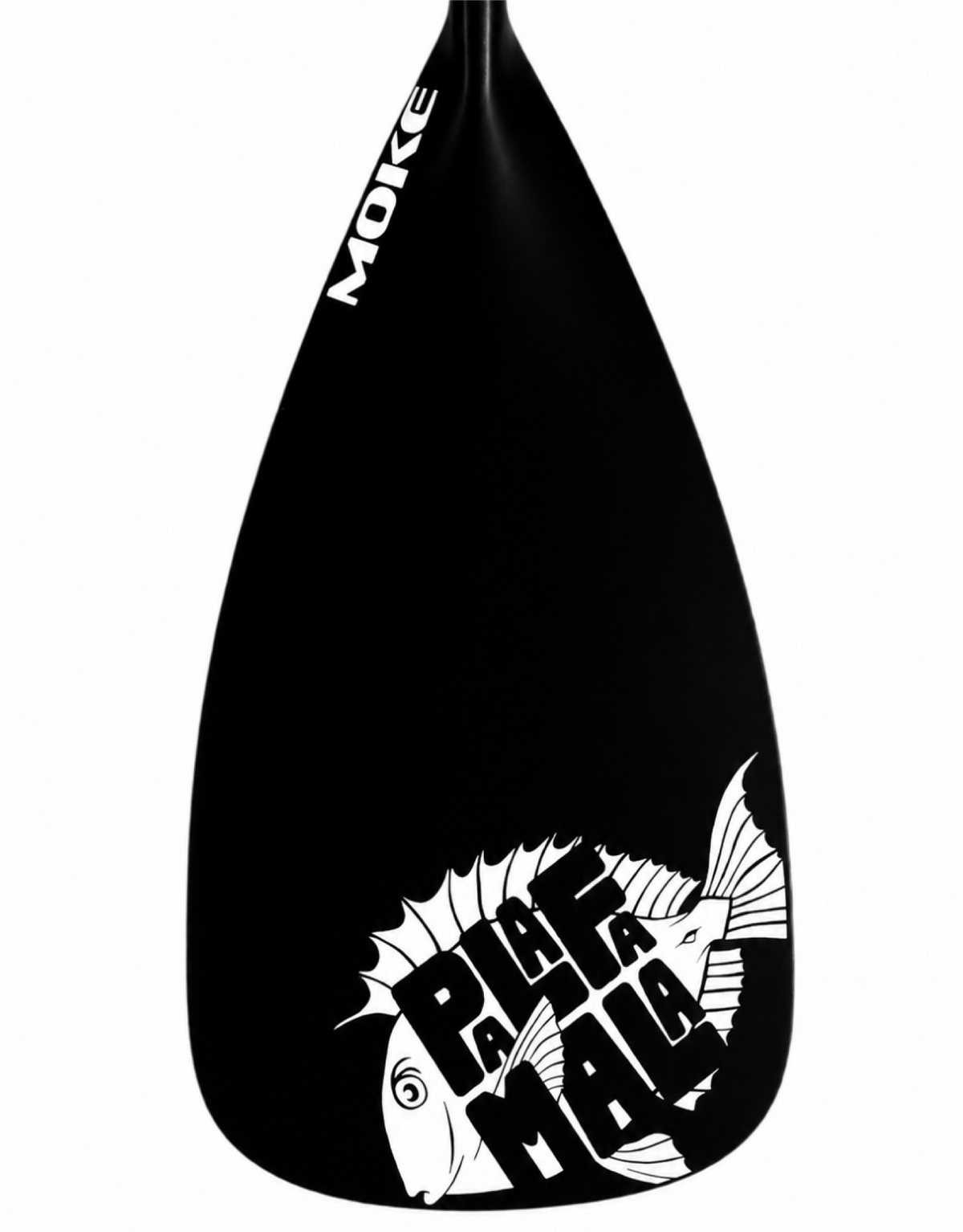 Black paddle board with white graphics and text on a white background