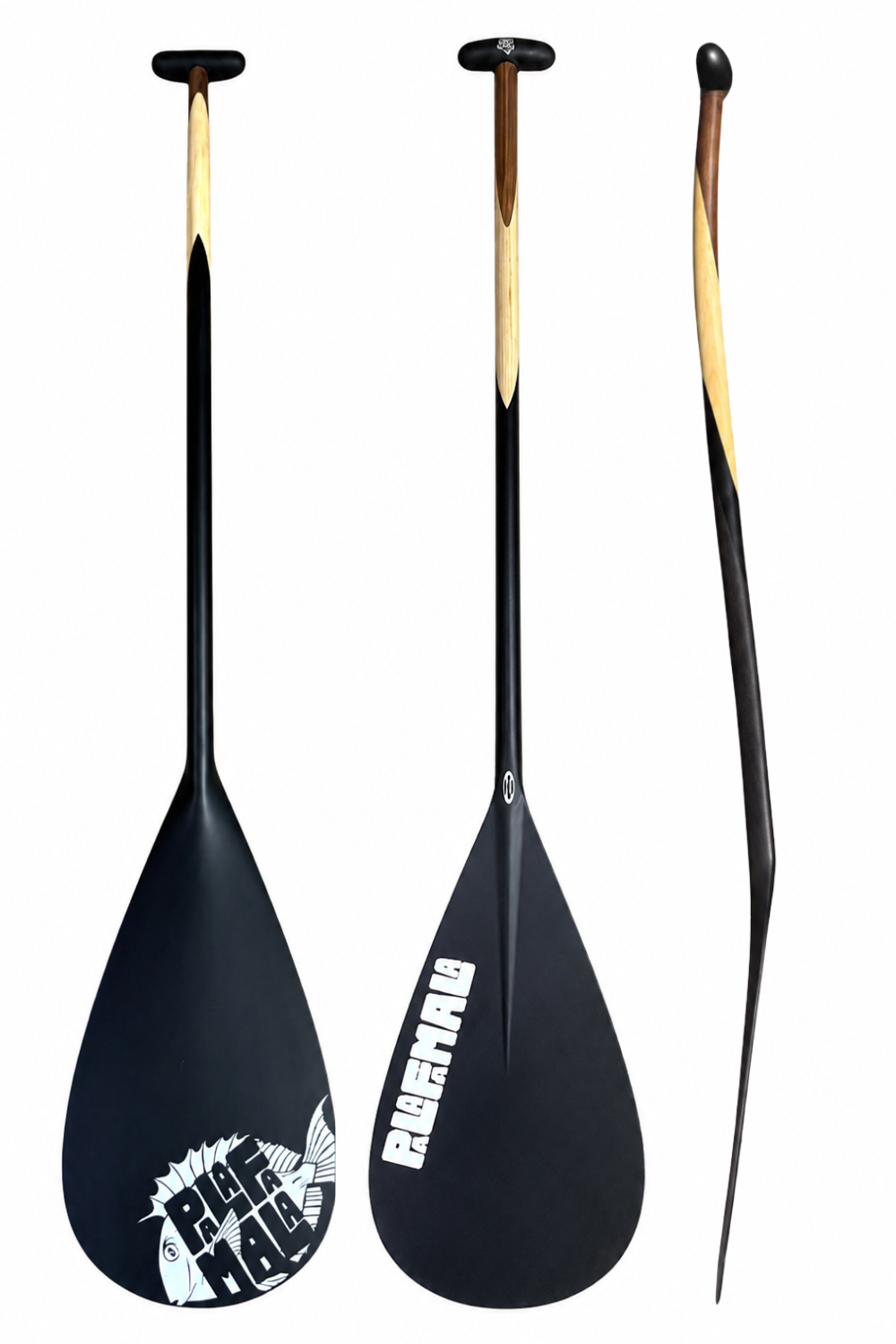 Two black paddle boards with wooden shafts on a white background