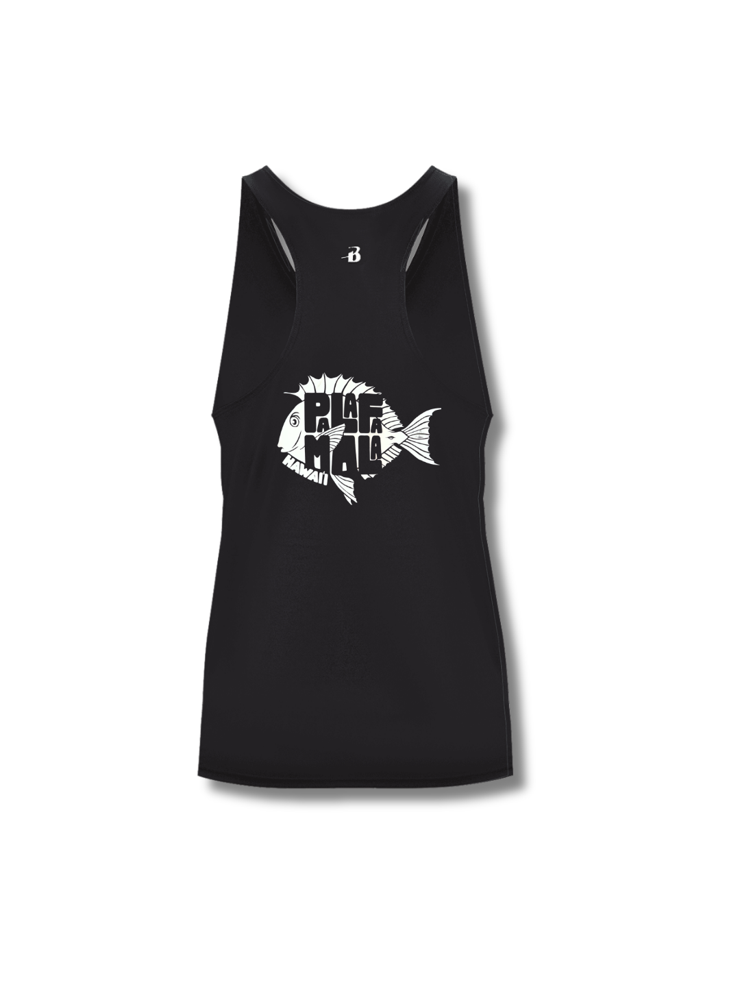 Black tank top with a fish graphic and text on a white background