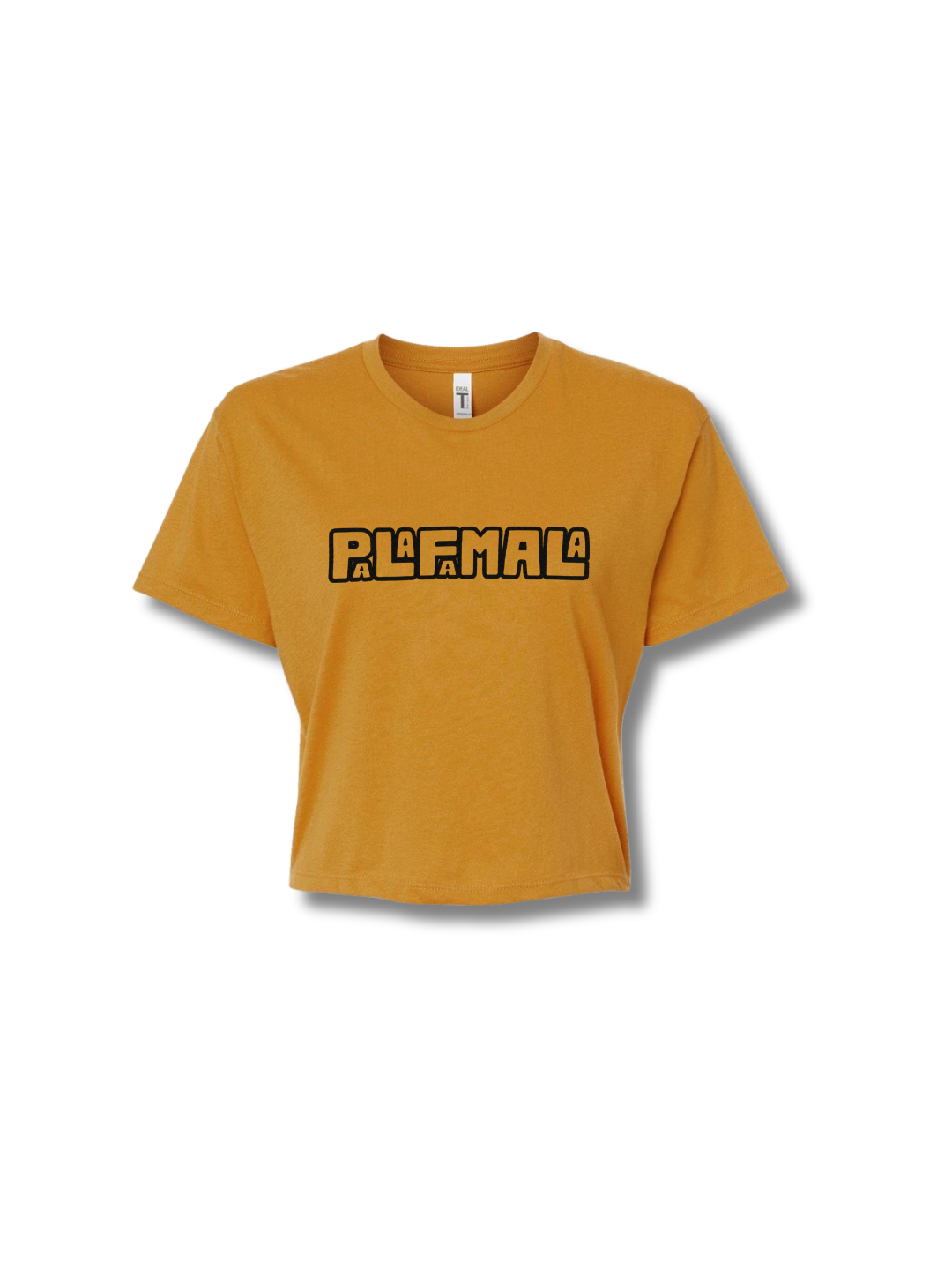 Yellow t-shirt with black text on a white background