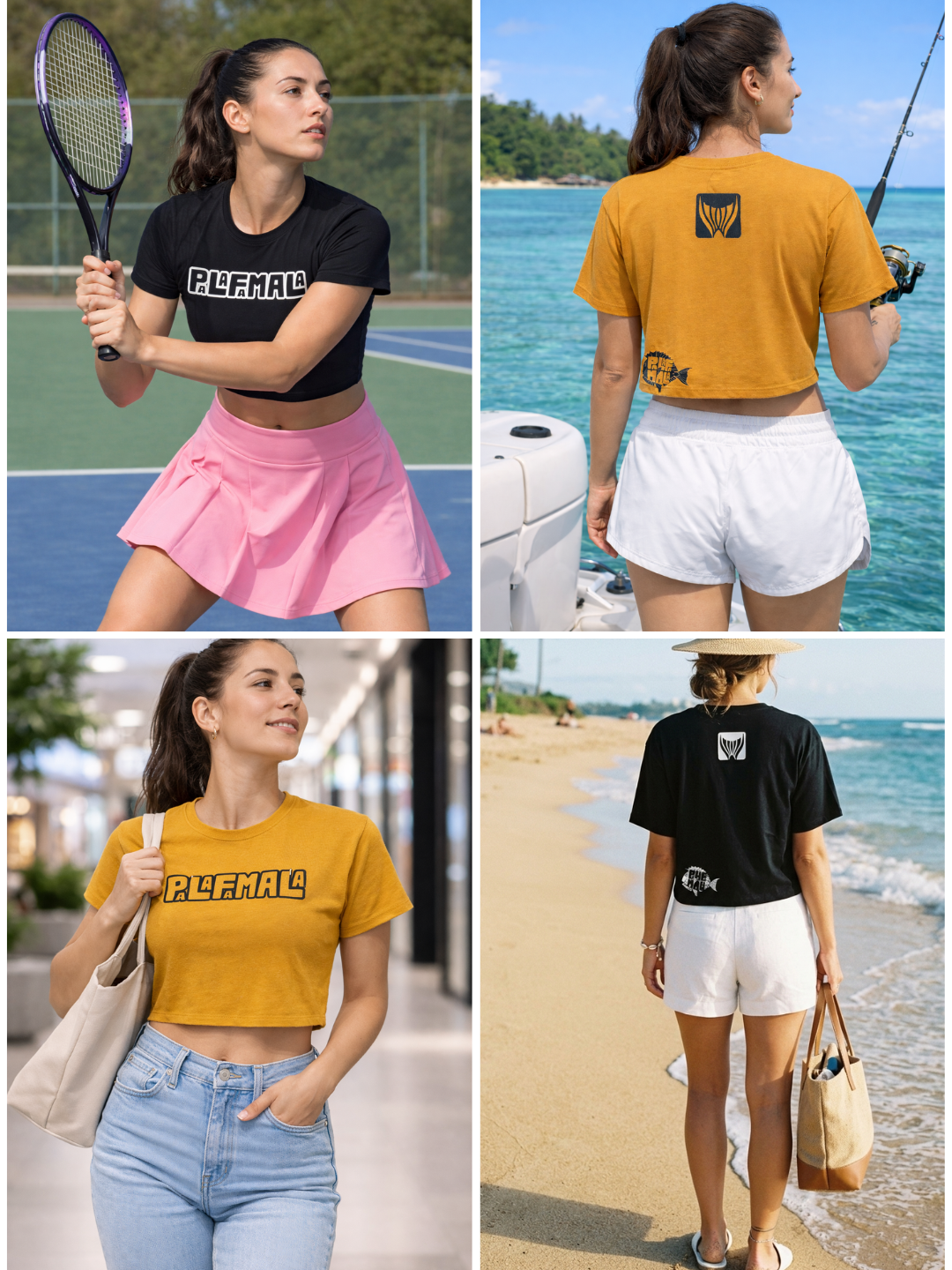Collage of a woman wearing slub jersey in black and yellow gold mustrard on a different outfits in various settings.