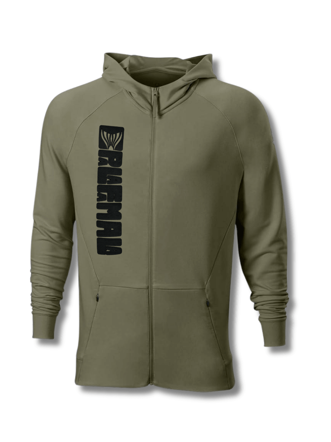 Green hoodie with a brand logo on a white background