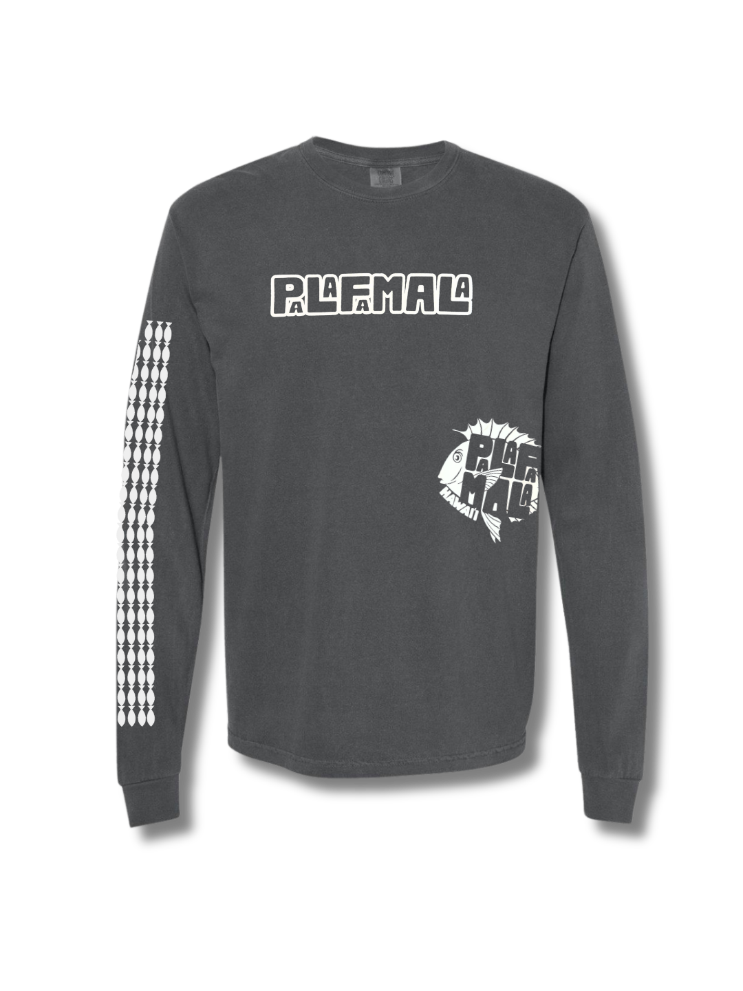 Gray long-sleeve shirt with checkered sleeve and branding on a white background