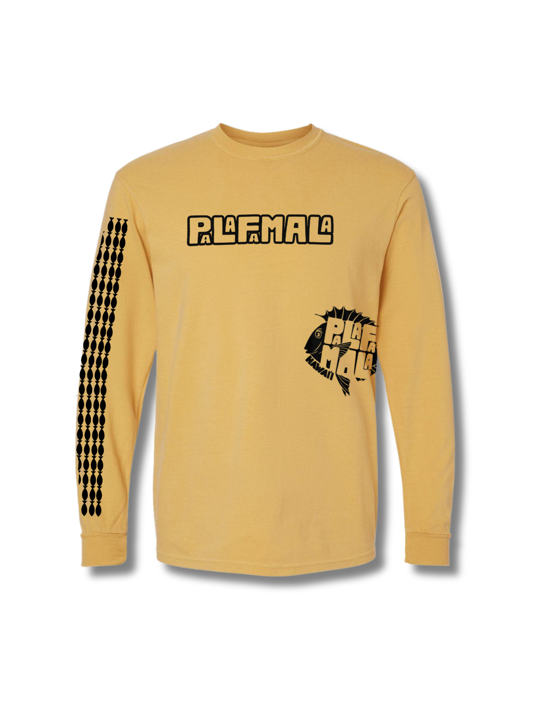 Mustard vintage long-sleeve shirt with black graphics and text on a white background